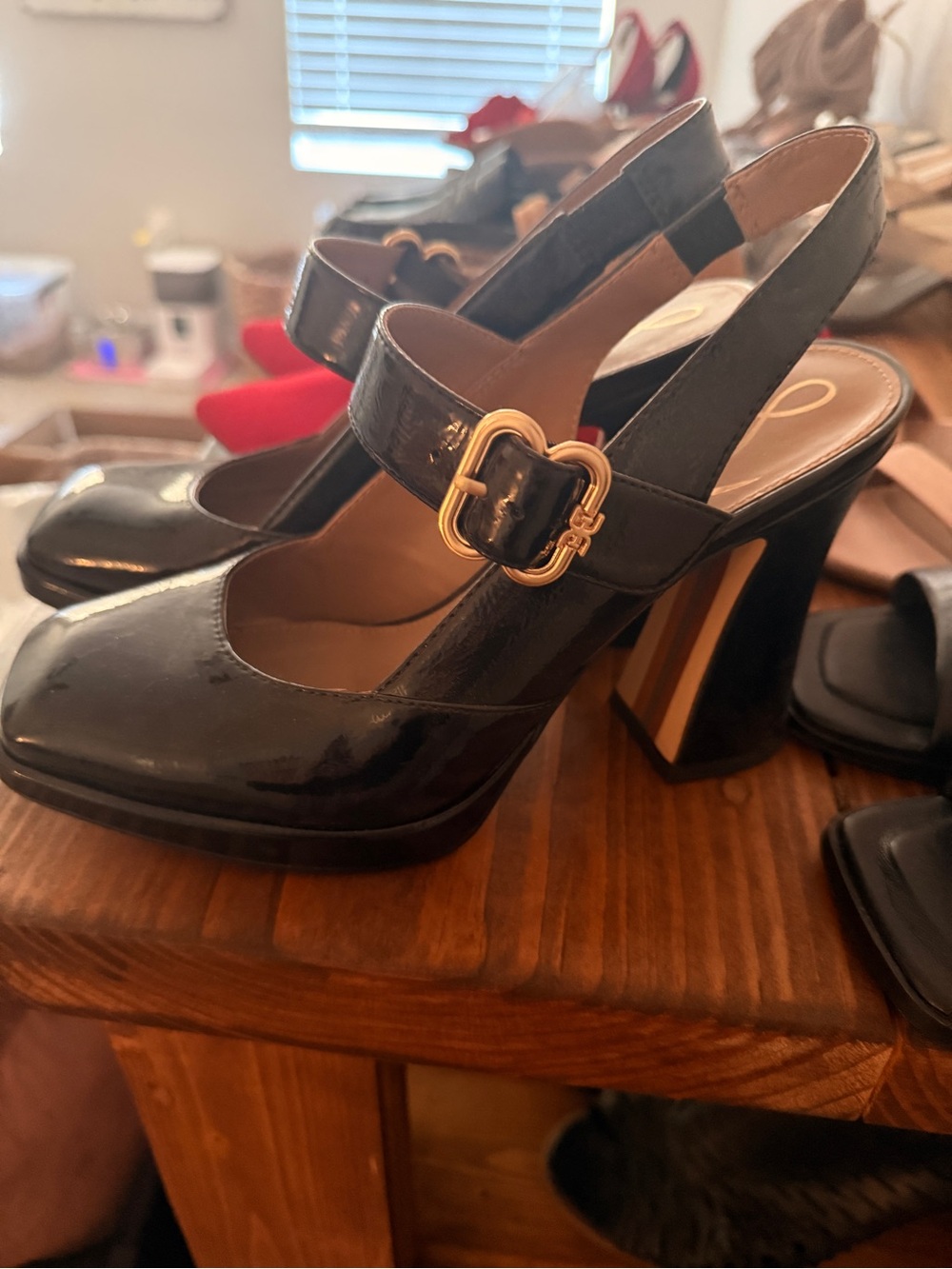 Black Patent Mary Jane Block Heel Slingback Pumps